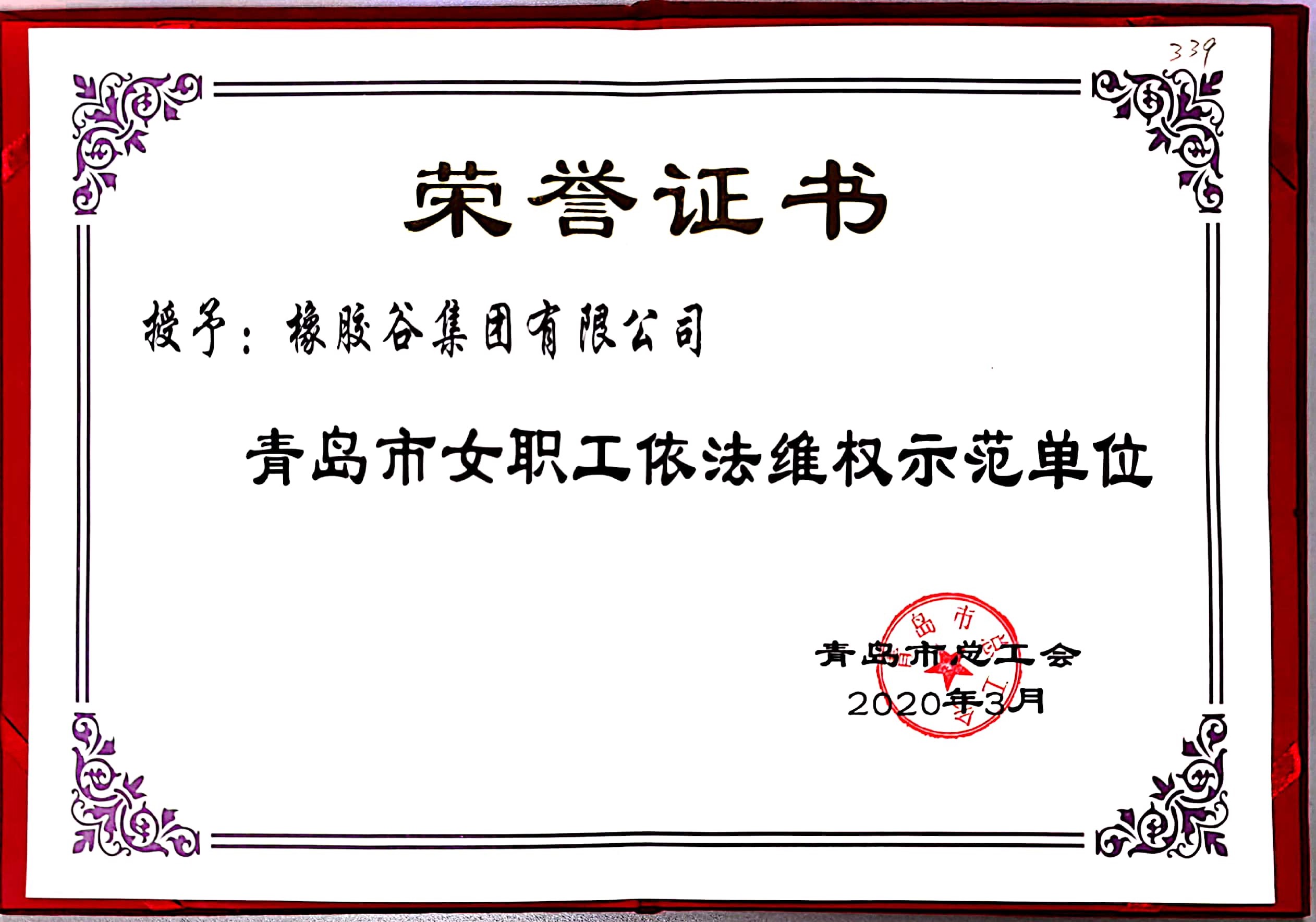 青岛市女职工依法维权示范单位-国产麻豆视频免费观看集团有限公司-青岛市总工会-2020.3